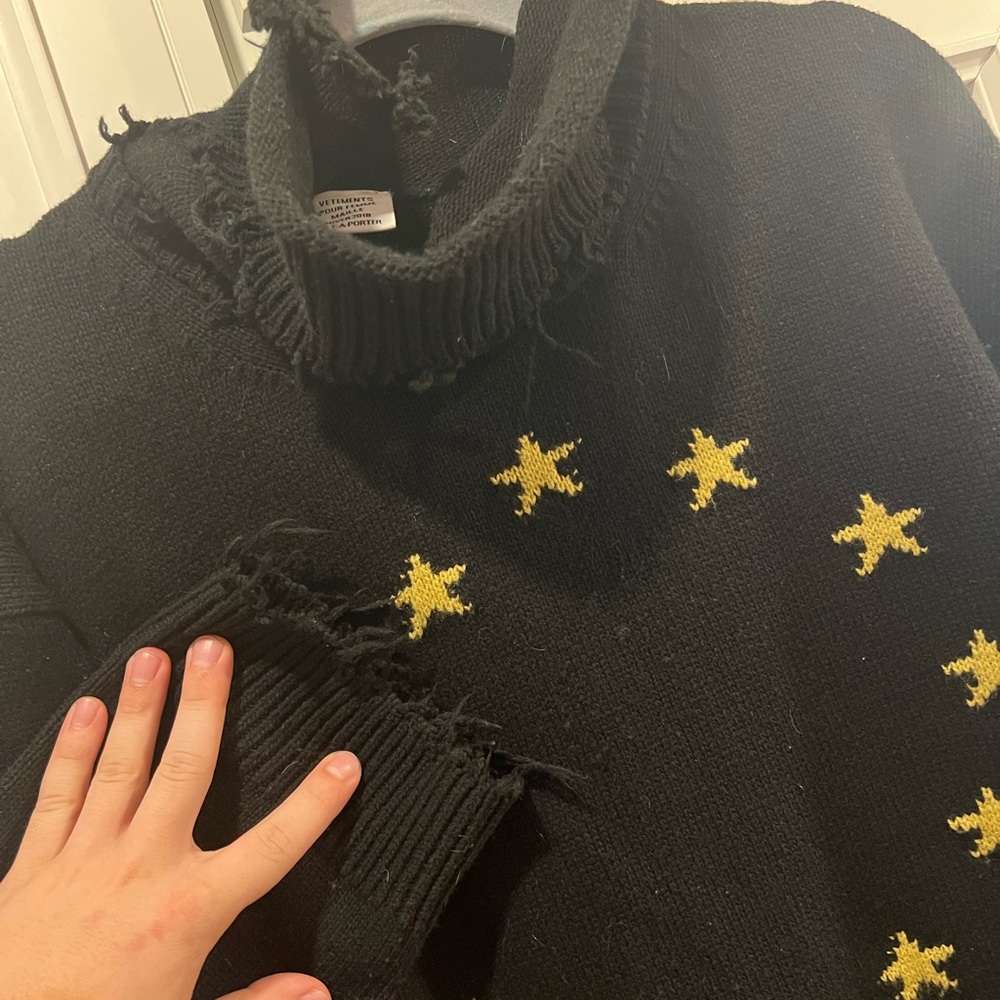 VETEMENTS - Men - Oversized Distressed Merino Wool Rollneck Sweater Black- XS